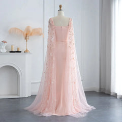 Luxury Pink 3D Flowers Evening Dress with Cape Sleeve