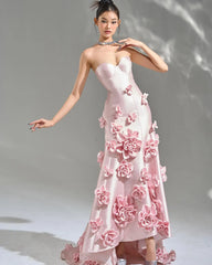 Luxury Women Pink 3D Flowers Satin Mermaid Evening Dress