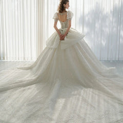 Elegant Short Sleeves Beaded Ball Gown Wedding Dress