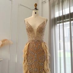 Luxury Feathers Mermaid Champagne Evening Dress