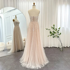 Luxury Pearls White Nude Evening Dress with Gloves