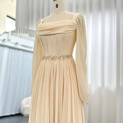 Long Sleeves Tea Length Beige Midi Evening Dress with Belt