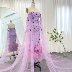 Luxury Feathers Lilac Evening Dress with Cape Sleeves