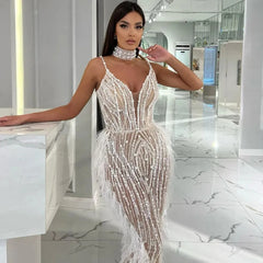 Luxury Feather White Nude Mermaid Evening Dress with Necklace