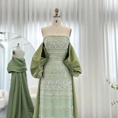 Luxury Sage Green Evening Dress with Cape