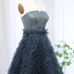 Luxury Beaded Strapless Ruffles Blue Ball Gown Evening Dress