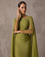 Luxury Sage Green Chiffon Evening Dress with Cape Sleeves