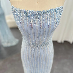 Elegant Strapless Light Blue Pearls Luxury Evening Dress