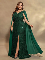 Plus Size Sequin V-Neck Sleeveless Chiffon Cape Evening Dress