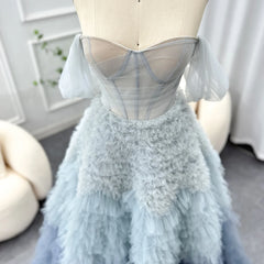 Luxury Blue Ombre Tiered Ruffles Evening Dress