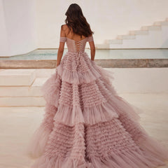 Off Shoulder Tulle Ruffles Blush Pink Evening Dress