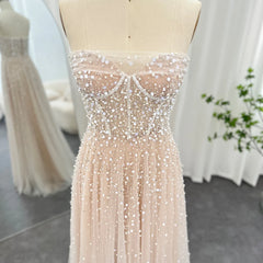 Luxury Pearls White Nude Evening Dress with Gloves