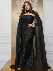 Plus Size Sequined Cloak Chest-Wrapped Evening Dress