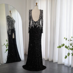 Luxury Long Sleeves Black Mermaid Evening Dress