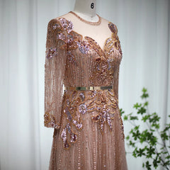 Elegant Long Sleeve Rose Gold Luxury Evening Dress