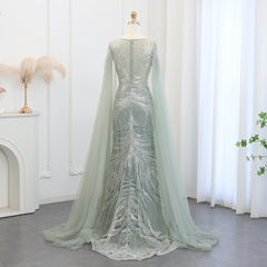 Luxury Exquisite Sage Green Evening Dress with Cape Sleeves