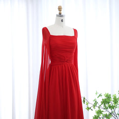 Luxury Elegant Red Chiffon Evening Dresses with Cape Sleeves