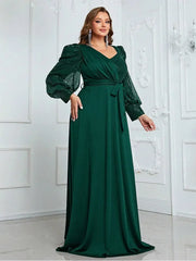 Plus Size V Neck Burgundy Long Sleeve Evening Gown