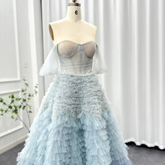 Luxury Blue Ombre Tiered Ruffles Evening Dress