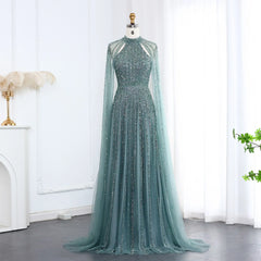 Luxury Beaded High-Neck Evening Dress with Cape Sleeves