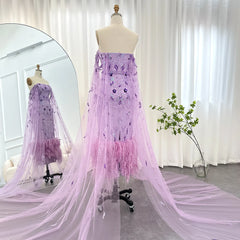 Luxury Feathers Lilac Evening Dress with Cape Sleeves