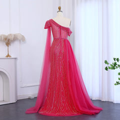 Luxury Elegant One-Shoulder Fuchsia Evening Dress with Cape Sleeve