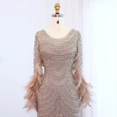 Exquisite Luxury Beaded Feather Nude Tulle Evening Dress