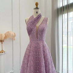 Luxury Sleeveless Beaded Lilac Evening Dress