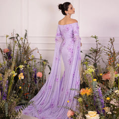 Luxury Lilac Off-Shoulder 3D Flowers Evening Dress with Cape Sleeves