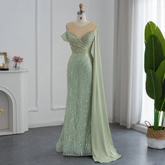 Luxury Sage Green Mermaid Evening Dress with Cape Sleeve