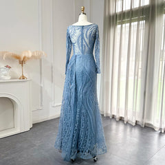 Luxury Long Sleeve Blue Mermaid Evening Dress Overskirt