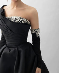 HELEN Luxury Black Satin Crystal One Shoulder Evening Dress