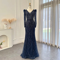 Luxury Long Sleeves Navy Blue Mermaid Evening Dress