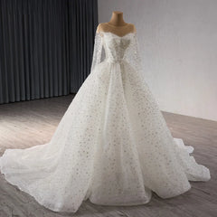 Elegant Beaded A-Line Wedding Dress with Detachable Train