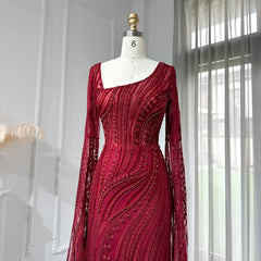 Luxury Long Sleeve Burgundy Mermaid Evening Dress