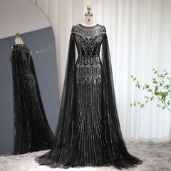 Luxury Gold Mermaid Evening Dress with Cape Sleeve