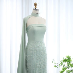 HELEN Sage Green Luxury Feathers Evening Dress with Scarf Cape