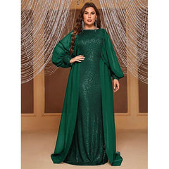 Plus Size Long-Sleeved Chiffon Sequined Evening Gown