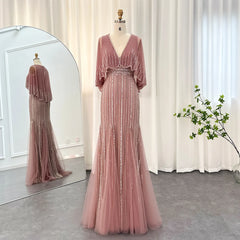 Luxury V-Neck Pink Evening Dress with Cape