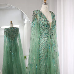Luxury Crystal Sage Green Evening Dress with Cape