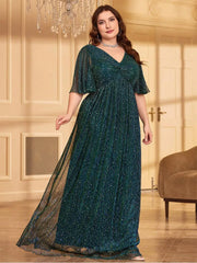 Plus Size V-Neck Green Polka Dot Evening Dress