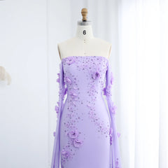 Luxury Lilac Off-Shoulder 3D Flowers Evening Dress with Cape Sleeves