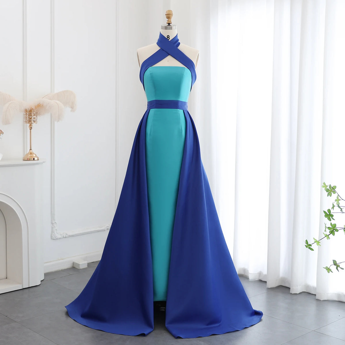 Luxury Royal Blue Criss Cross Halter Evening Dress with Overskirt