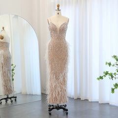 Luxury Feather White Nude Mermaid Evening Dress with Necklace