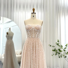 Luxury Pearls White Nude Evening Dress with Gloves