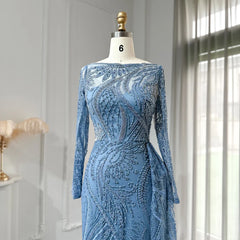 Luxury Long Sleeve Blue Mermaid Evening Dress Overskirt