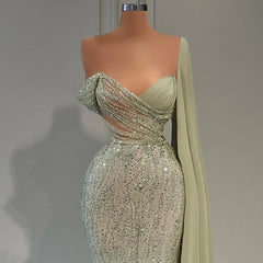 Luxury Sage Green Mermaid Evening Dress with Cape Sleeve