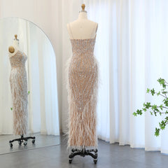 Luxury Feather White Nude Mermaid Evening Dress with Necklace