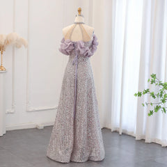 Luxury Off Shoulder Pink Sparkly Sequin Purple Evening Dress