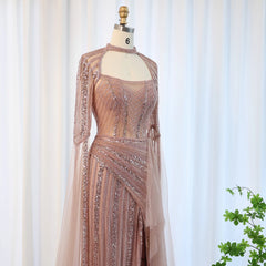Luxury Dusty Pink Side Slit Evening Dress with Cape Sleeves